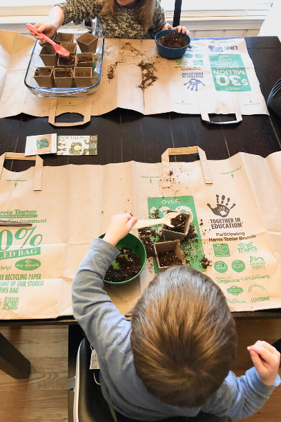 2 children at a table planting seeds in peat pots