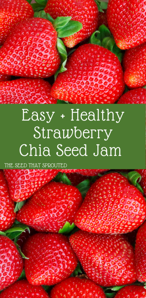 Easy + Healthy Strawberry Chia Seed Jam Pinterest Graphic #chiaseedjam #strawberryjam #strawberries #chiaseeds #foodie #jam #sugarfree #healthyrecipe