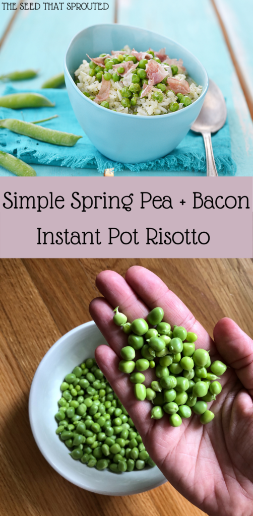 Simple Spring Pea + Bacon Instant Pot Risotto Pin Graphic #risotto #peas #bacon #dinnerrecipe #springdish #foodie #instantpot