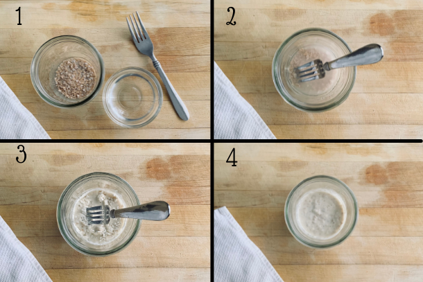 4 step grid on day 1 of how to rehydrate a dry sourdough starter process