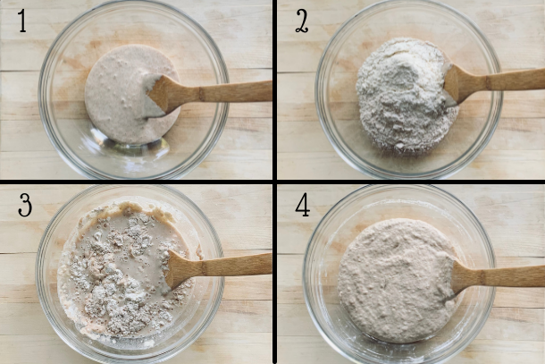 Grid of 4 steps on how to feed and maintain a sourdough starter